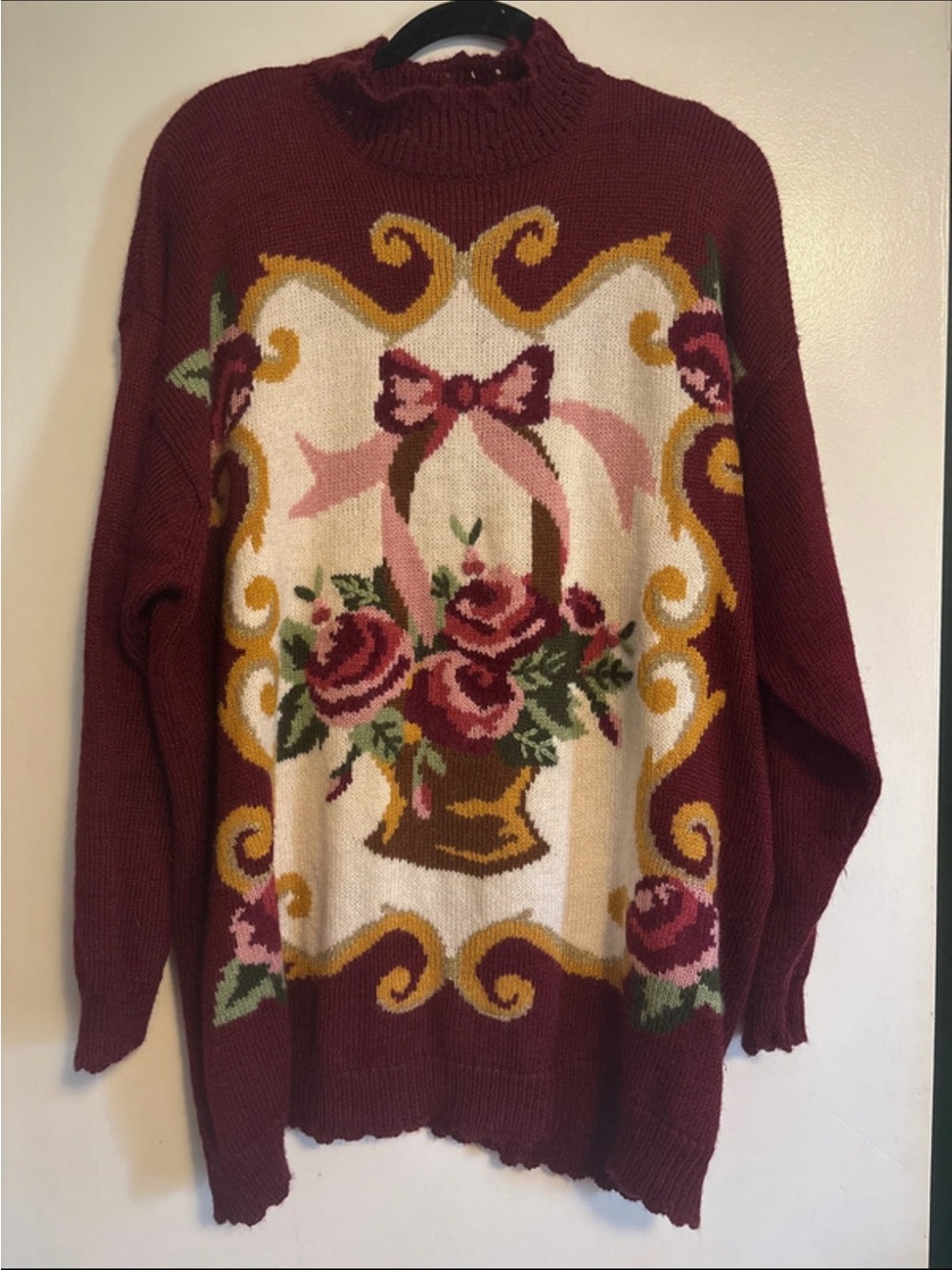 Vintage Jantzen Burgundy Floral Basket Intarsia Crewneck Sweater